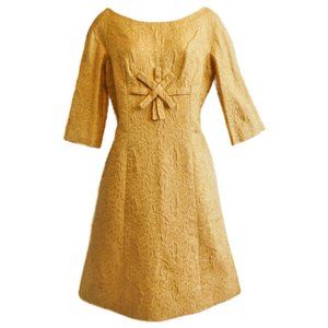 Vintage 50s Adele Simpson Razooks Gold Brocade Dress Metal Zip Back Mesh Lining